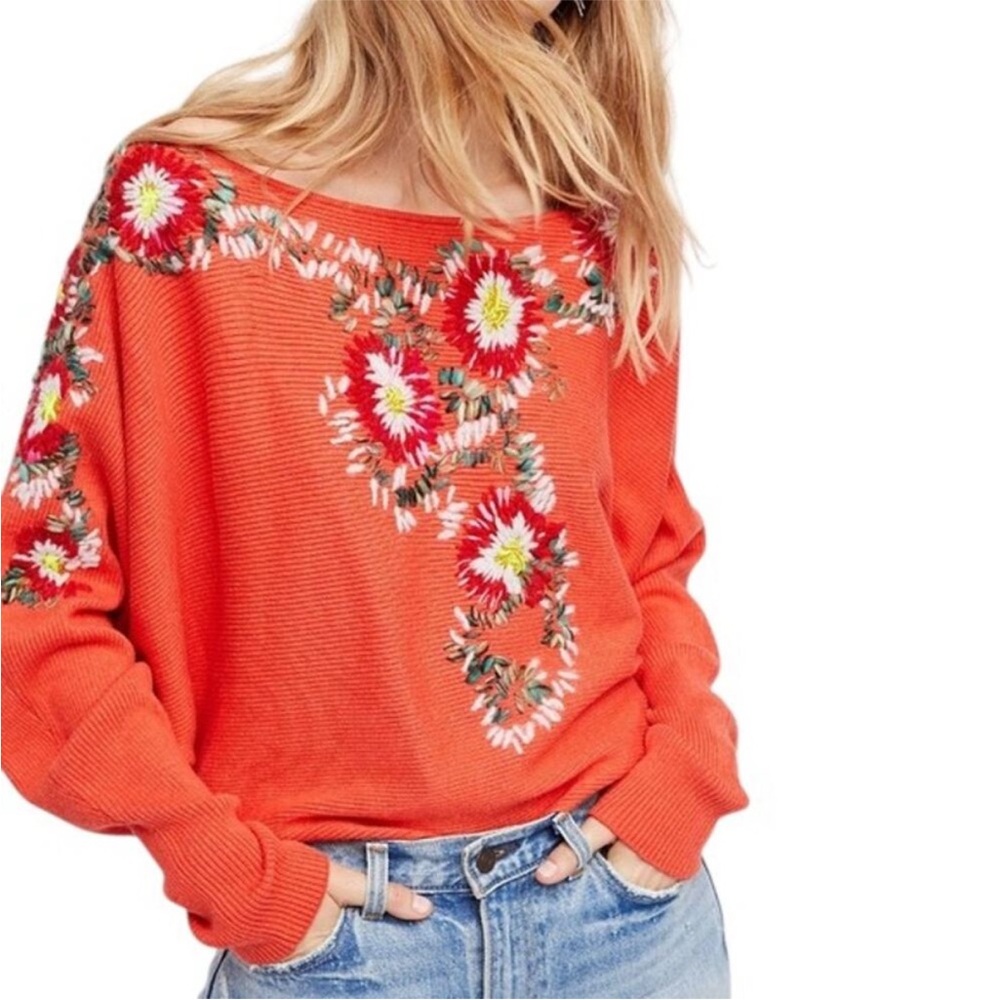 NEW Free People Bouquet Floral Off-the-Shoulder Dolman Sweater L Large